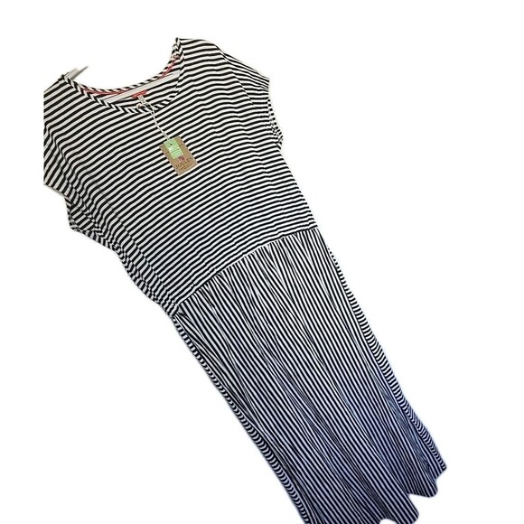 Joules Knit Dress NWT Navy White Stripes Cap Sleeve Midi XL Cinch Waist Comfy - Picture 1 of 13